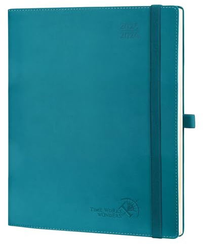 POPRUN Weekly Planner with Leather Cover, 2025–2026 (July 2025–June 2026) Academic Annual Calendar for Time Management, 26.5 x 21.5 cm, Pacific Green