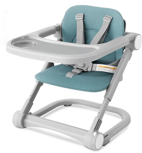 Sitzerhöhung Baby Tragbar Kinderhochstuhl Höhenverstellbar Reise Hochstuhl mit abnehmbarem Tablett, PU-Sitzpolster und 5-Punkt-Sicherheitsgurt Kinder Stuhl Booster (Grün)