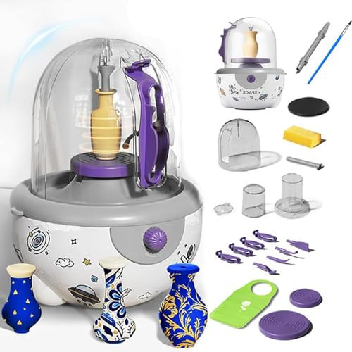 Mini Tornio per Ceramica – Kit Tornio Elettrico con Copertura Protettiva, velocità Regolabile & 12 Accessori, Macchina per Ceramica per Bambini, Principianti & Studio di Ceramica