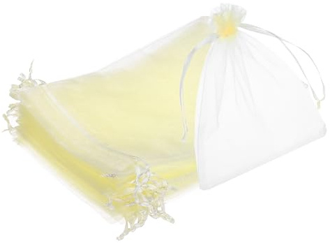 QUARKZMAN 25 Buste Organza 15x20cm con Cordoncino, Bustine per Feste, Buste Mesh Trasparenti per Regali, Gioielli, Matrimoni, Feste, Natale, Caramelle, Colore Bianco Panna