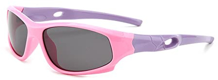 JoXiGo Lunettes de Soleil Enfant Sport Polarisées Incassable Garçon et Fille (3-12 ans) + Cordons à lunettes + Étui à Lunettes (Cadre Rose - Branches Violet)