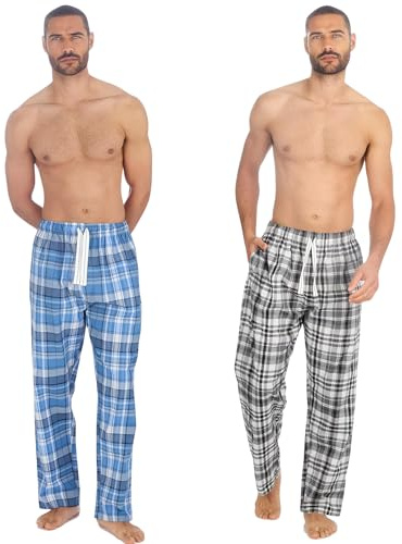 INSIGNIA Mens Woven Pyjamas Lounge Pants Bottoms Check (2 PACK) (Grey -Blue, L)