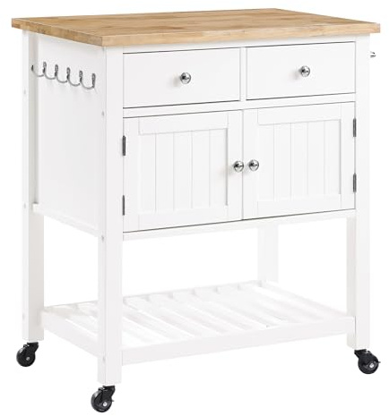 OSP Home Furnishings Stirling Farmhouse Kitchen Cart, Rolling Storage Cabinet with Drawers, Shelf, 5 Utility Hooks, White with Wood Top