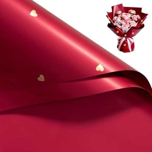 RUSPEPA 20 Fogli Di Carta Da Regalo Per Fiori - 57X57 Cm Carta Da Regalo Per Bouquet Floreali Impermeabile Con Motivo A Cuore Rosso Vino, Confezione Per Fioristi Per San Valentino E Matrimonio