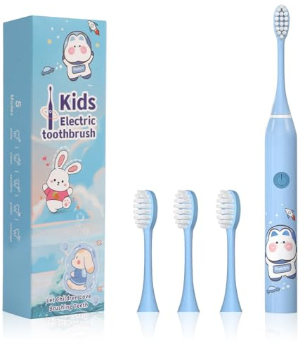 SOLTESE Kids Electric Toothbrush Rechargeable, 3+ Years, IPX7 Waterproof, 5 Modes & 2-Min Smart Timer, 24,000 VPM, Kids Sonic Toothbrush, Includes 4 Extra Soft Brush Heads Gentle on Gums