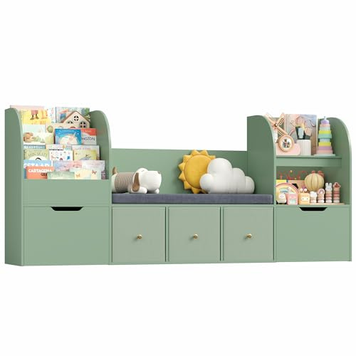FOREHILL 180,5 Porta Giochi Bambini con Cuscini Sfoderabili, Organizer Giocattoli con 5 Contenitori, Scaffale Portagiochi Bambini con Libreria, per Cameretta e Sale Giochi, 180,5x35.2x80cm (Verde)