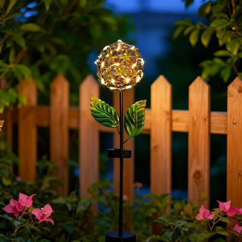 Luz solar de estaca de hortensias para jardín con cabeza de flor hueca de hierro y hojas degradadas para césped, camino, patio, decoración de bordes, color naranja, 31.5 pulgadas de altura (A)
