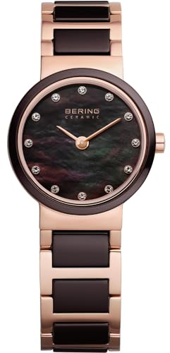 BERING Damen Quarz Uhr | Armbanduhr 25 mm roségoldenes Edelstahlgehäuse und braunes Zifferblatt | Edelstahlband mit Keramikelementen | 5 ATM | 10725-765