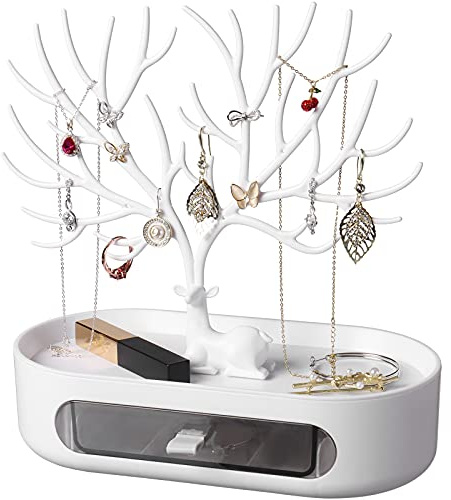 penobon Antler Jewellery Organiser Stand with Drawer, Plastic 3 in 1 Jewellery Holder for Earrings Necklaces Bracelets and Ring