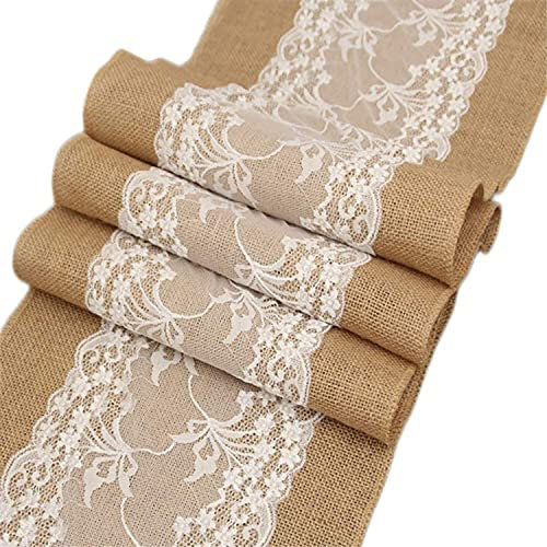 Hjumarayan Tischläufer Jute mit Spitze - Jute Tischläufer mit Spitze 30x275 cm Juteband Tischläufer Käsetuch Tischläufer Tischdeko Hochzeit für Party Outdoor Hochzeit
