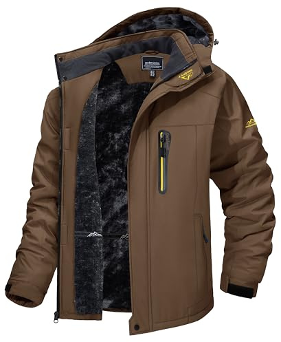 TACVASEN Men's Winter Ski Jacket Waterproof Snow Coats Snowboard Fleece Lining Jacket Warm Parka with Hooded Brown M