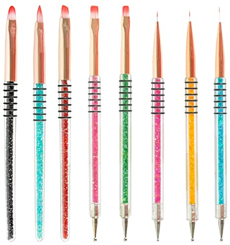 ODazzl Nail Art Brushes for Gel 8pcs with Glitter Handle - Nail Dotting Tools, Dual Ended Brush Pen for Painting, Dotting and Drawing
