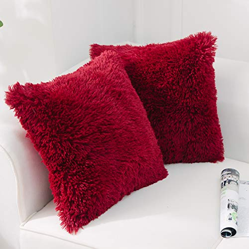NordECO HOME Confezione da 2 federe per cuscino in finta pelliccia, 45 x 45 cm, lussuose federe decorative sfocate, 18 x 18 cm, per decorazione divano, colore: rosso bordeaux