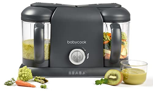 BÉABA Babycook Duo, Robot de cocina infantil 4 en 1, Tritura, cocina y cuece al vapor, Rápido en 15 minutos, Comida casera para bebés y niños, Capacidad XXL, 2 x 200 ml, Dark grey