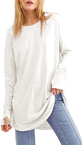 Långärmade damtoppar ledig T-shirt med rund hals lösa tunikatoppar rund fåll pullover sweatshirt blus med tumhål, Vitt, L