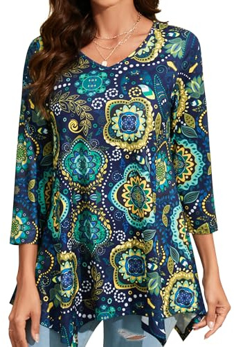 Enmain Tunique Femme Longue Grande Taille Col V Chemisier à Manches 3/4 Chic et élégant Tuniques à Motifs Haut Ample pour Femmes,Bleu et Vert,3XL