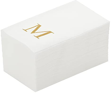 Restaurantware Luxenap - Toallas de invitados de 15.8 x 7.9 pulgadas, 50 toallas de mano con letras doradas, letra M sin serifa, servilletas de papel blanco para baños y mesas