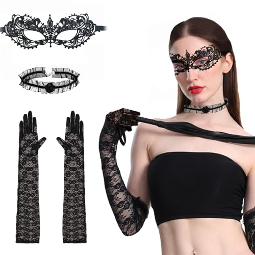 NHYDZSZ Masque Dentelle Noir Yeux Masque vénitien en dentelle Masque Bal Masqué Dentelle avec Gants en Dentelle Masque Sexy pour Femme Bal de Fête Déguisement Cosplay Masque d'Halloween