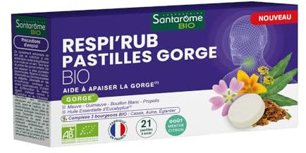 Santarome - Respi'Rub Pastilles gorge - Apaise la gorge - Compélment alimentaire - Mauve, Guimauve, Propolis, Eucalyptus - 21 pastilles - France