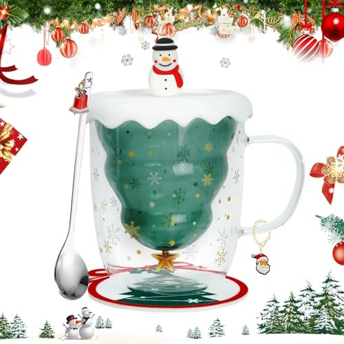PRZRAO Weihnachtsbecher Doppelwandige Gläser, Weihnachtsteegläser 300 ML Doppelwandige Kaffeetasse aus Glas in Weihnachtsbaumform mit Deckel und Griff für Weihnachten