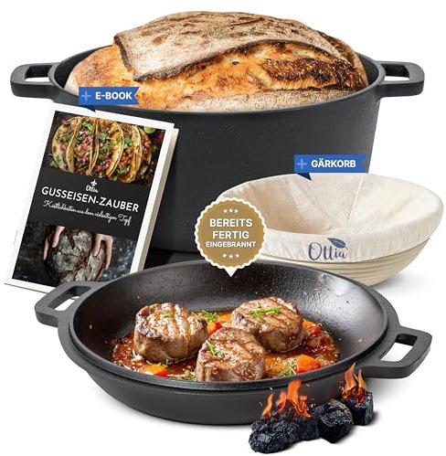 Ottia purer Gusseisen Topf mit Gärkorb, 26cm, als Brotbackform, Brotbacktopf, Dutch Oven, Brotbackform, Schmortopf, Bräter, Bratentopf, zum Brot backen, Cast Iron pot, aus dem Fachhandel, aus Hamburg