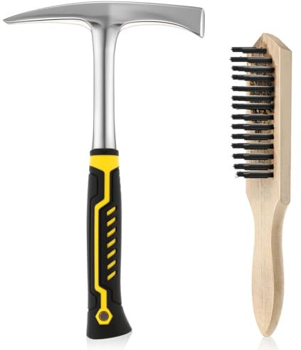 Leriton Martillo de soldadura de 28 onzas y cepillo de alambre, martillo de escoria de acero forjado resistente de 12.4 pulgadas con mango antideslizante y herramienta de eliminación de escoria de