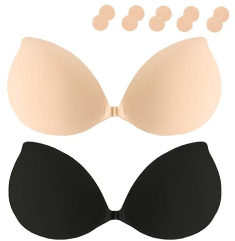 Vtelor Stick on Bra Backless Invisible Sticky Bra Push up Strapless Women's Adhesive Bras Ladies Invisible Strapless Bras Large Breasts Push up Sticky Boob Covers (UK, Cup & Band, B, Beige+Black)