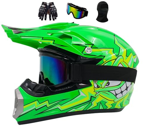 Casque Moto Enfant 7-14, Motocross Cycliste Pour Garçon Et Fille, Casque Moto Cross Pour Les Adolescents Homme Protection Enduro Integral VTT, Avec Goggle Gants Masque(Green,S(52-53CM))