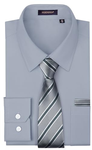 HISDERN Camicia Uomo Slim Fit Elegante Grigio Camicie Uomo Manica Lunga con Cravatta Formale Business Matrimonio Casual con Tasca Classiche Regular M