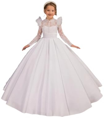 Hongyangjing Abito da Prima Comunione in Pizzo Bianco per Ragazze Maniche Lunghe Raso Fiore Ragazze Vestito Princip, bianco, 10-11 Anni