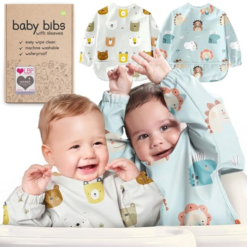 Nombear Baby Bibs with Sleeves for 6-24 Months, 2 Pack - Easy Wipe Clean, Machine Washable Baby Weaning Bib with Sleeves, Waterproof Long Sleeve Bibs, Non Silicone and Coverall Bib
