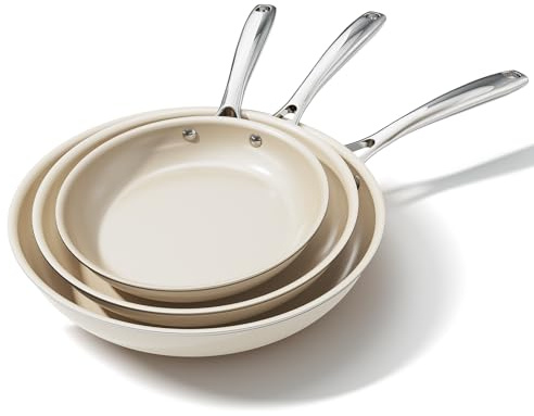 OUBRL Ceramic Nonstick Frying Pans Set, Fry Pan Skillet, Non Toxic Pans for Cooking, Egg Pans，Induction Suitable，PFAS-Free Cookware, Dishwasher Safe, Oven Safe (Cream/White, 20+24+28CM)