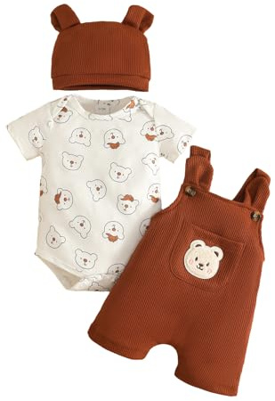 UUAISSO Vestiti per Neonati Maschi Top a Maniche Lunghe in Velluto Coste con Stampa di Orsi Pantaloni Bretelle Salopette con Tasche Abito marrone a maniche corte 0-3 mesi