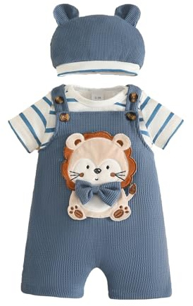 Eqenkely Baby Boy Clothes Newborn Striped Romper T-Shirt with Bear Suspender Overall Shorts Cute Hat 3Pcs Set Summer Outfits 0-18 Months Lion 0-3 Months