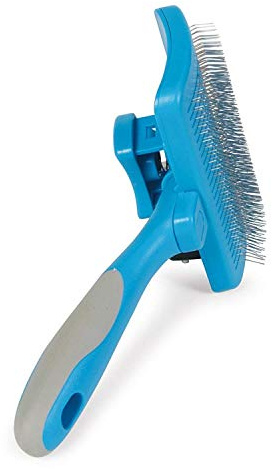 Ancol Ergo Self Cleaning Slicker Brush - Blue Grooming Tool for Dogs and Cats - Retractable Pins for Easy Cleaning - Removes Mats and Tangles - Ideal for Longer Coats