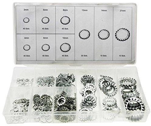 Zahnscheiben-Sortiment (aussen gezahnt) diverse Größen 3-21mm 325-tlg. Sicherungsscheiben Satz/Sicherungsring Set (im wiederverwendbaren Aufbewahrungsbox/Sortimentsbox/Sortierkasten)
