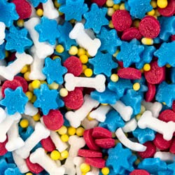 BakeArt Marsh Bone Sprinkles Edible Decorations Mix Of White Bones Blue Stars Red Confetti Yellow 100s & 1000s Perfect For Paw Patrol Parties Marsh Bone Sprinkles 75g