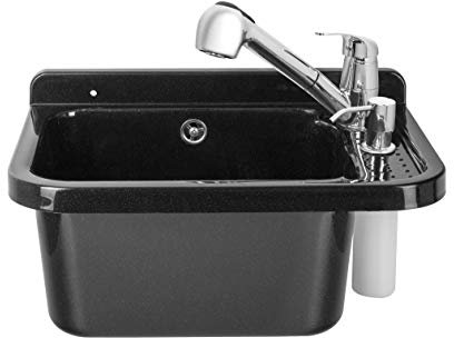 ADGO Fregadero de Cocina para el Hogar con Lavabo de Cámara Profunda con Batería, Grifo y Contenedor Dispensador de Jabón, para Jardín, Sótano de Garaje, Baños, Taller, Fábrica Industrial, 60cm Negro