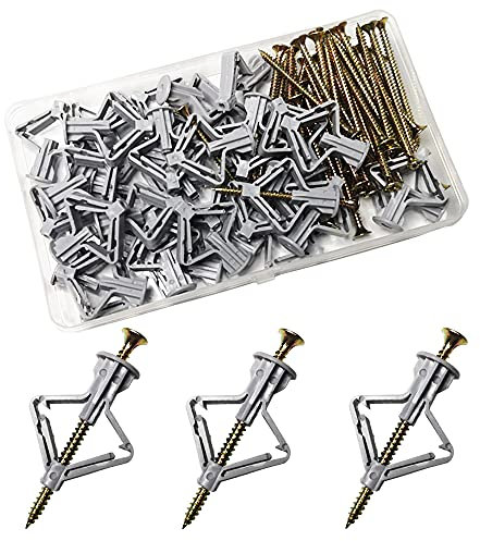 Chevilles Pour Plaque de Plâtre, CTRICALVER Chevilles pour plaques légères,avec Vis pour Plaques de Plâtre Fixations Murales en Plâtre (gris, 50 pcs)