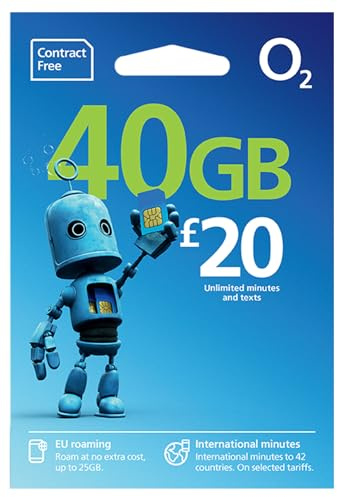 O2 SIM Card UK & Europe Prepaid PAYG with 40GB data, unlimited minutes & text bundle for 30 days - worth £20