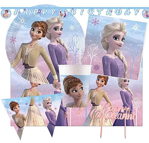 IRPot - KIT N 79 COORDINATO TAVOLA FROZEN NORTHEN PRINCIPESSE + TOPPER TORTA BUON COMPLEANNO ROSA
