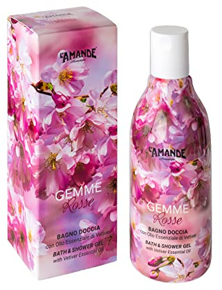 L'AMANDE - Bagnoschiuma Donna con Note di Lavanda e Bergamotto, Docciaschiuma Gel Detergente e Idratante Corpo Delicato e Naturale, Bagno Schiuma Rilassante e Antistress - Gemme Rosse, 250 ml