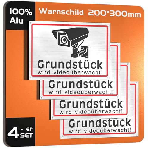 4 Stück Achtung Videoüberwachung Schild 20 * 30cm Videoüberwachung - Warnschild - Hinweisschild für Kameraüberwachung - Aluverbund Warnhinweis für Innen Außen