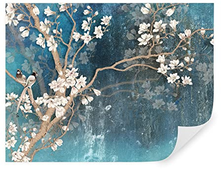 Carta da parati moderna floreale, fotomurali 360x250 cm, stile fiori albero uccelli, carta da parati 3d per camera letto, soggiorno, blu u12150