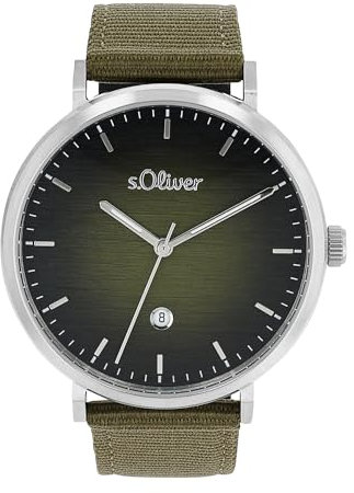 s.Oliver Armbanduhr Herren Quarzuhr analog, mit Nylon Armband, Grün, 3 bar wasserfest, Kommt in Uhren Geschenk Box, 2034602