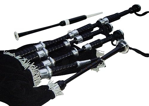 Hakam Din - Cornamusa Great Highland in legno di cobolo sfumato nero con supporti in nichel argento e corda di copertura in velluto nero, per studenti, kit completo con guida per principianti, ance e