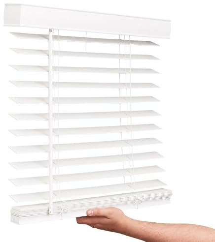 LOTUS & WINDOWARE Cordless Faux Wood Blinds, 34.5 Wide x 60 Long, Smooth, Snow White, 2 Inch Horizontal Blinds – for Living Room, Bedroom, Interior Door Windows