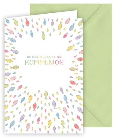 KE AV Glückwunschkarte zur Kommunion für Jungen und Mädchen, inkl. Umschlag, DIN B6 Format, Kommunionskarte, Motiv: kleine bunte Fische
