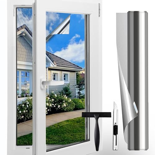 Gufoltie UV-Schutz Sonnenschutzfolie Fenster innen oder außen 44.4 * 200cm Spiegelfolie Fenster Sichtschutz Selbstklebend Fensterfolie Rückstandslose thermofolie Fenster gegen hitze Silber