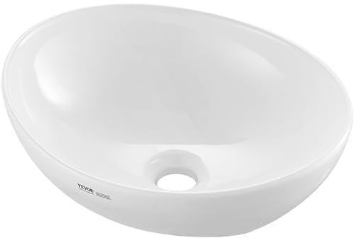 VEVOR Lavabo ovale, 409 x 341 mm, vasque à poser en céramique blanche au-dessus du comptoir, évier de style moderne, lumineux et élégant, bien emballé pour salle de bain, hôtel, toilettes, camping-car